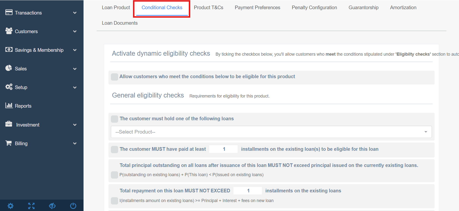 Figure 3.3b The interface for defining specific customer eligibility rules and concurrent loan restrictions.